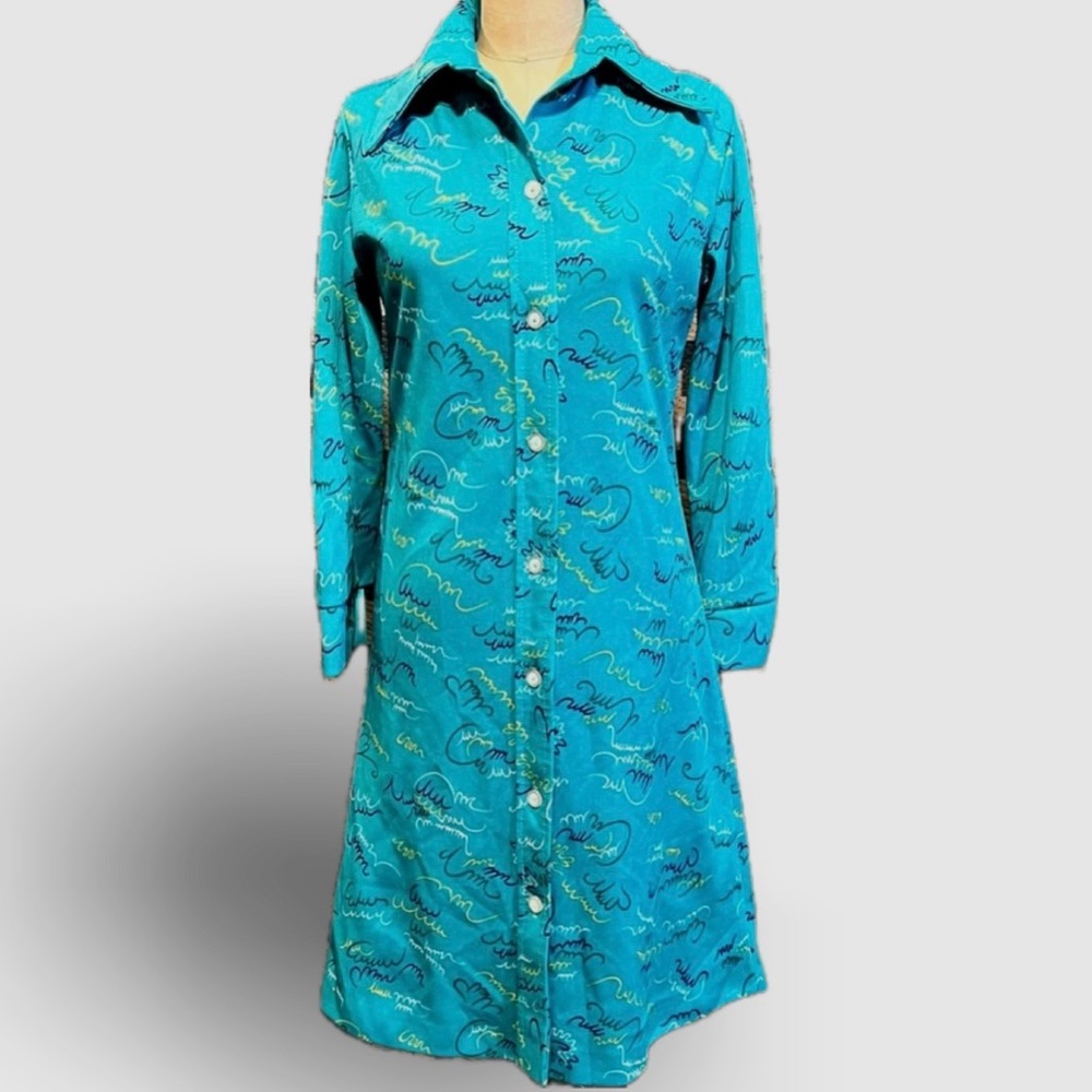VINTAGE 60s 70s button down shirt dress MCM‎ Twiggy abstract atomic space age - Picture 3 of 17